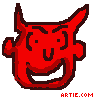 Red devil head icon with horns, smiling expression, and visible teeth in multiple pixelated views showing different angles.