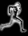 A grayscale animated sequence showing a running figure in multiple poses against black backgrounds, with motion blur effects on limbs and body.