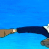 Animated sequence of a blonde character in white shirt and dark pants performing a kicking motion against blue background with text overlay.