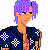 Pixelated cartoon character with purple hair, blue eyes, and a dark blue shirt with white flower patterns, standing against a white background.