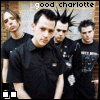 Group of people in black shirts with spiky hair against brick wall, text 'good charlotte' above; one frame shows a different background.
