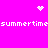 A bright pink background features repeated white pixelated text 'summertime' and scattered small white dots forming a heart, starburst, and cluster.