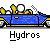 Pixel art animation of a blue convertible car with yellow accents and two stick-figure passengers, displayed in a 3x2 contact sheet format with the text "Hydros" beneath each frame.