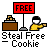 Pixel art image with red 'FREE' sign, brown box of cookies, and yellow-shirted figure holding a cookie.