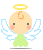 Pixelated angel icon with golden halo, light green dress, and white wings in four variations showing different wing positions.