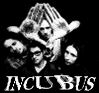 Animated contact sheet of a black-and-white band icon featuring repeated 'INCUBUS' text and stylized hand shapes above four figures, with frame-to-frame variations in facial expressions and text clarity.
