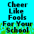 Pixelated text on cyan background with green pixelated grass at bottom, displaying 'Cheer Like Fools For Your School' in two identical vertical