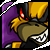 Pixelated cartoon character with brown face, yellow hair, and black armor grins widely against purple background; red eyes glow in top-left frame.