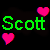 Green pixelated text 'Scott Scott' on black background with four pink hearts, two above and two below the text.