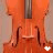A violin with orange-brown body and dark brown scroll, positioned vertically against a light background.