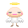 Pixelated angel icon with yellow halo, white wings, and brown feet in multiple poses including arms at sides, raised, and covering face.