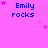 A static image with a bright pink background displaying repeated 'Emily rocks' text in blue pixelated font, surrounded by small pink stars.