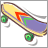 Pixelated skateboard with yellow deck, brown edges, green wheels, and red/green/purple graphic elements on a white background.