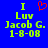 Blue background with green text reading 'I Luv Jacob G. 1-8-08' and a red pixelated heart symbol above the text on the left side of the image.