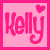 Pixelated pink text 'Kelly' on light pink background with darker pink border and heart symbol.