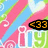 Pixelated icon with pink, blue, and green diagonal stripes background featuring white hearts and swirls; two black arrow-shaped badges display orange '<33' text.