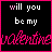Black background with pink text reading "will you be my valentine" in a of four and four , each containing the same phrase