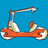 Static pixelated icon of a red and white scooter with yellow accents on a solid blue background, featuring visible dithering and anti-aliasing artifacts in the rendering.