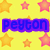 Yellow background with orange and pink stars surrounding a blue text box containing the word 'Peyton' in pixelated font.