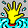 Yellow hands with red cuffs emerge from blue water splashes against gray background, each frame displaying 'Help!' in bold red text.
