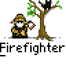 Animated contact sheet showing 13 frames of a firefighter character interacting with trees and birds in pixel art style.