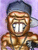 Pixelated static image of a cartoon character with brown skin, large white teeth, and a dark blue head covering against a purple background.
