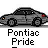 Animated contact sheet of 11 frames showing a Pontiac Pride-themed buddy icon with car graphics, red V-shaped logo variations, and orange stick-figure character animations on gray background.