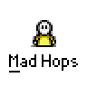 Animated contact sheet of a yellow stick figure character with white head and black eyes performing various poses across 18 frames, labeled "Mad Hops" below each frame on gray background.