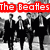 Black-and-white photo of four figures in suits with red text "The Beatles" above, yellow background with "Are" and stars below, pink text "AWESOME!!" at bottom.