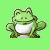 Pixelated green frog with white belly sits on light green background, text "I Love *Frogs*" appears below and to the right of the frog.