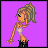 Pixel art of a blonde woman with a ponytail, wearing a white top and black pants, standing against a purple background with text variations.