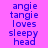 Blue pixelated text on four distinct background colors reads 'angie tangie loves sleepy head' in vertical alignment.
