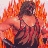 A pixelated figure with dark hair and a red sleeveless top, surrounded by orange-red flame-like shapes against a light background.