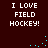Dark brown background with white pixelated text "I LOVE FIELD HOCKEY!" repeated in four positions, cyan pixel dots forming curved lines around the text.