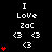Pixel art icon with black background displaying "I Love Zac" text, white heart symbols, and red hearts in vertical stacks of one to five. Animation shows red heart counts increasing across frames.