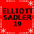 Red background with white dotted lines and asterisks forming a , displaying four identical text blocks reading 'ELLIOTT SADLER 19' in black pixelated font