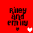 Red background with black text 'Riley and emily' in pixelated font, featuring two heart symbols that change color across frames.