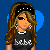 Pixel art character with long brown hair, black headband, and dark clothing against blue heart background.
