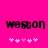 Pixelated text 'weston' on bright pink background with two of white and light pink asterisks below