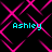 A static digital image with four instances of the name "Ashley" in cyan text over a black background featuring pink geometric patterns.