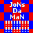 Pixelated text and symbols on a blue-red checkered background with diamond-shaped red overlays in two distinct layouts.