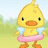 Pixelated yellow duckling with orange beak and feet, wearing light blue sleeves and pink skirt, standing on green grass against light blue sky.
