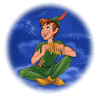 Two cartoon-style character icons in circular and oval blue backgrounds with white borders, one showing a boy in green attire holding hands near chest, the other a fairy flying with wings.