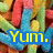 Pixelated image with colorful abstract shapes and a blue rectangular banner containing yellow text reading 'YUM.'.