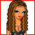 Animated contact sheet of a pixel-art female character with long brown hair and blue eyes, wearing a black sparkly top and short skirt, displaying various poses and text overlays across 25 frames.