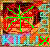 Pixelated image with green cross-shaped lines over a red and orange background, featuring blue and cyan text at the bottom.