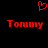 Red pixelated heart symbol above two identical red 'Tommy' text blocks on black background.