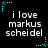 Pixelated text reads "i love markus scheid" with cyan star and dot corner decorations on a black background.