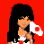 Pixel art contact sheet showing a female character in traditional Japanese attire with red and white colors, holding a flag-like object against a solid red background.