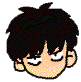 Pixelated cartoon head with black spiky hair, light skin, and four distinct eye expressions across a